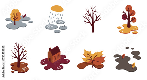 Isometric autumn flooding elements with trees, leaves, and puddles