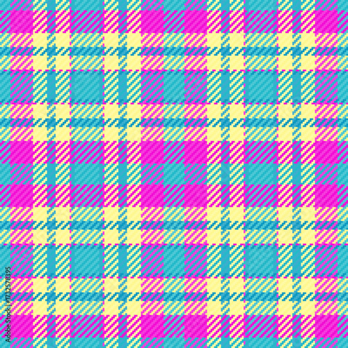 Colorful plaid pattern with pixel texture, excellent for backgrounds or designs. A vibrant, cheerful, and modern textile design. Versatile backdrop for fashion or digital projects.