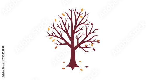 Minimalistic autumn tree with falling leaves on white background