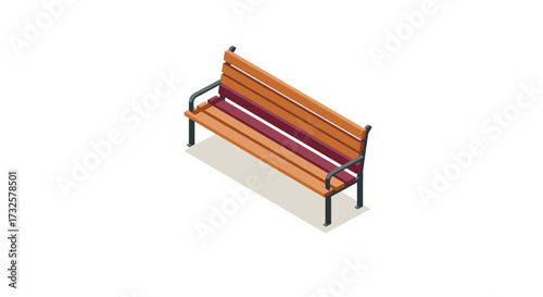 Isometric wooden park bench on white background with shadow