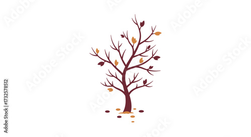 Minimalist autumn tree with falling leaves on white background