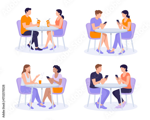 This vibrant image showcases couples seated at a cafe, enjoying drinks and using their phones, illustrating social interactions and connection in modern life.