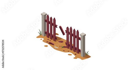 Isometric broken fence on sandy ground with grass elements