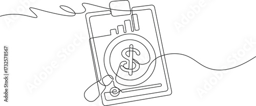 One Line Art Finance Report - Minimalist Continuous Line Drawing of Clipboard with Dollar Symbol and Graph