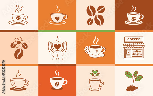 A collection of charming coffee illustrations showcasing cups, beans, and leaves, designed to create a cozy and inviting atmosphere for cafes and coffee enthusiasts alike.
