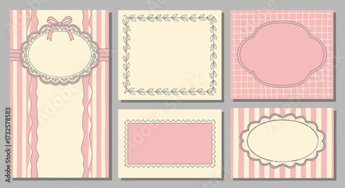 A collection of five vintage-style card templates in pink and cream with lace, ribbons, and classic patterns for invitations or announcements.