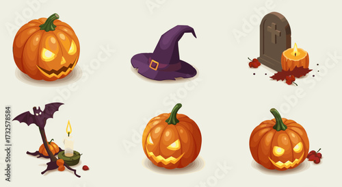 Spooky pumpkin and halloween icon set featuring witch hat and grave