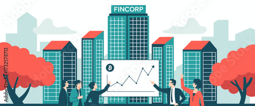 This image displays Fincorp's headquarters with a prominent Bitcoin graph, representing the rise of blockchain technology and its impact on financial enterprise growth.