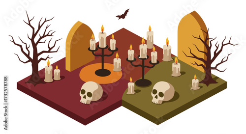 Isometric halloween scene with skulls, candles, and barren trees