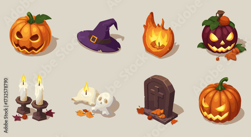 Spooky halloween icons: pumpkins, witch hat, fire, skulls, and tombstone in isometric style