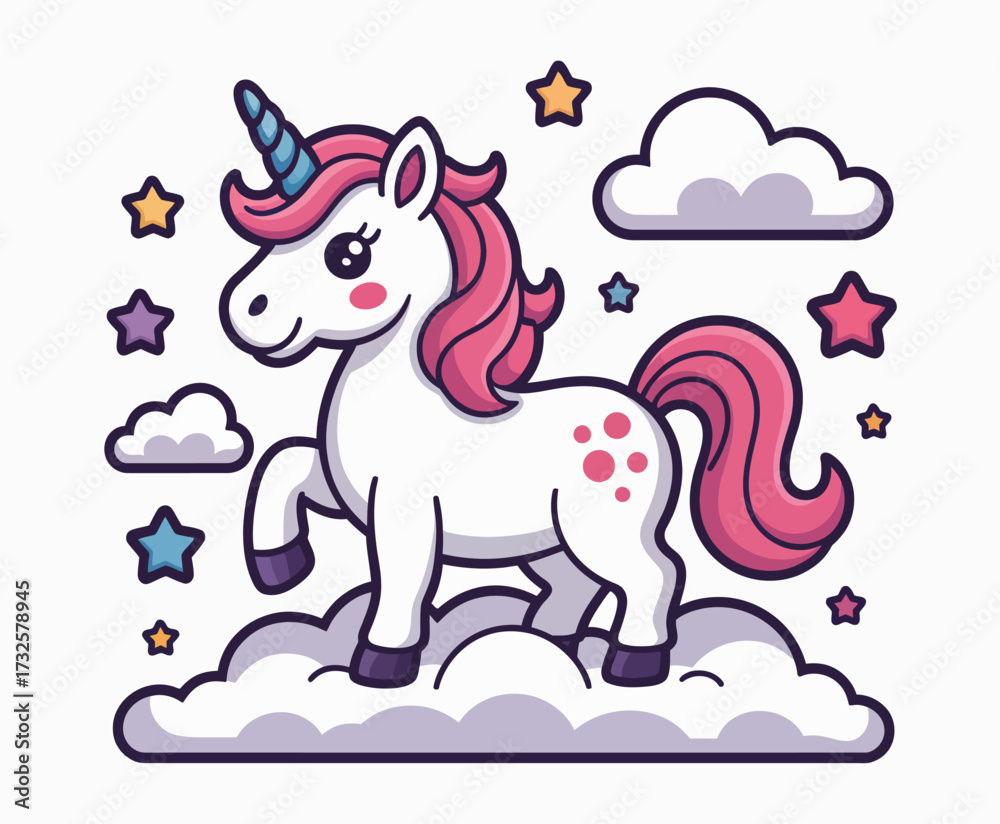 Obraz premium This vibrant illustration features a charming unicorn proudly standing on fluffy clouds, accompanied by colorful stars that enhance the enchanted atmosphere of the scene.
