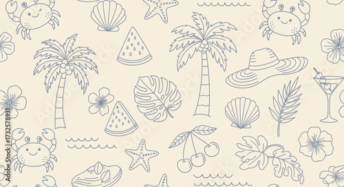 Summer themed pattern with palm trees, crabs, shells, and other tropical elements.