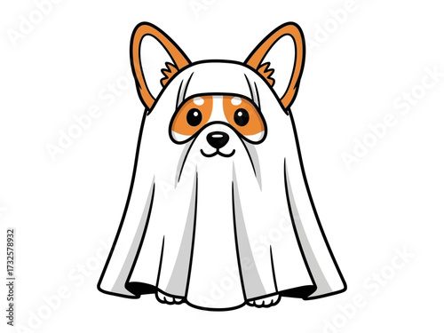 Halloween Corgi: A charming illustration of a corgi, cleverly disguised as a ghost, embodying the playful spirit of Halloween. 