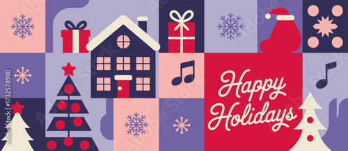 This vibrant illustration creatively showcases the joyous atmosphere of the holiday season with various themed elements, capturing the essence of celebration and togetherness.