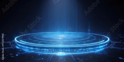 暗い背景に抽象的な青い光るプラットフォーム