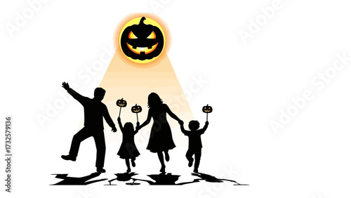 Halloween Family Silhouette: A family silhouette in the glow of a spooky jack-o'-lantern, embodying the festive spirit and joyful anticipation of a fun Halloween evening.