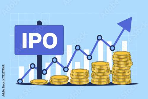 This image illustrates an upward trending graph marked 'IPO' alongside stacks of coins, representing financial growth and investments related to initial public offerings.