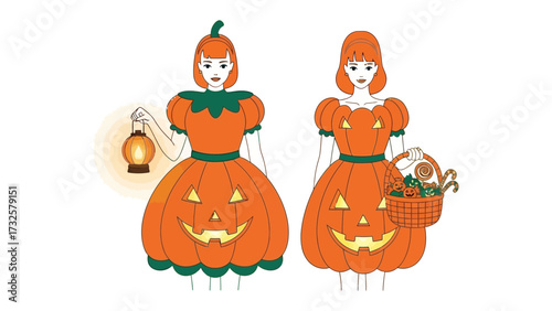 Halloween Pumpkin Costume: Two festive figures showcase whimsical pumpkin-themed attire, radiating the enchanting spirit of Halloween with a touch of creative flair and spirited charm. 