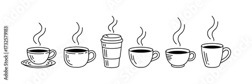 This unique illustration displays an array of charming coffee cups, emphasizing the daily rituals associated with enjoying coffee and the comfort it brings.