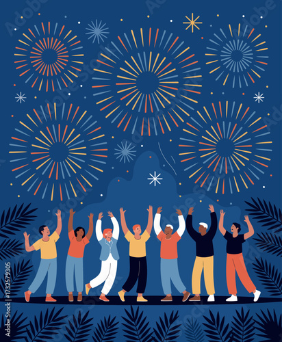 A lively illustration of a diverse group of people joyfully celebrating with colorful fireworks lighting up the night sky, embodying unity and festive spirit during celebrations.