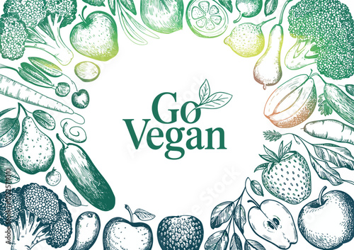 The image promotes a vegan lifestyle, showcasing a variety of fresh vegetables surrounded by a stylish typography encouraging healthier dietary choices and practices.