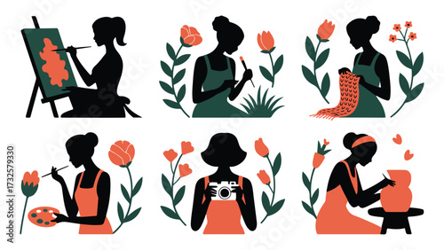 Set of silhouette illustrations of women engaged in creative hobbies including painting knitting photography and pottery vector design isolated on white