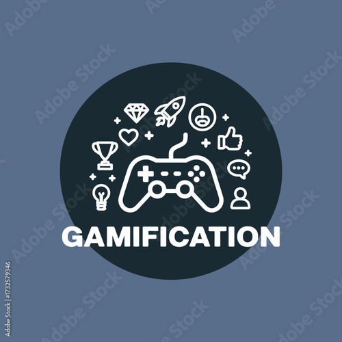 An artistic representation of gamification elements featuring creative symbols and icons that enhance interaction and engagement in digital or educational environments.