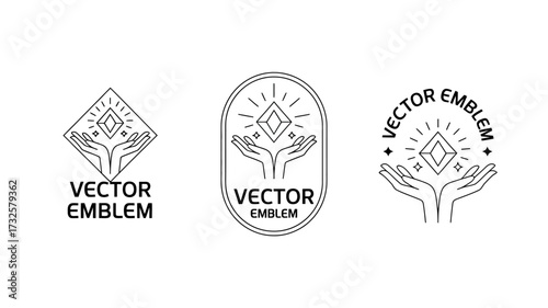 This image presents a vector emblem design, showcasing hands holding a diamond, symbolizing value, care, and the idea of preciousness in a stylized format.