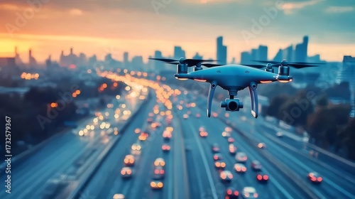 ドローンによる夕暮れの高速道路の航空写真