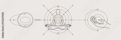 This image illustrates the concept of energy flow in human connection surrounded by orbits and circles, capturing the dynamic interplay between movement and stillness in art.
