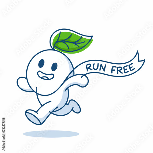 An animated character with a big smile runs exuberantly with a banner proclaiming 'RUN FREE,' emphasizing themes of freedom and lightheartedness in an engaging design.