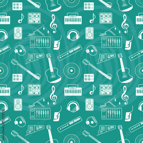 This image showcases a vibrant pattern featuring musical elements like guitars, notes, and equipment, perfect for music lovers and artistic design projects.