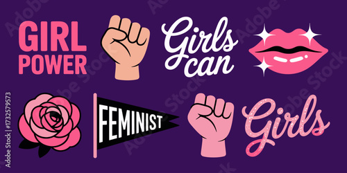This vibrant graphic collection showcases powerful feminist symbols, including girl power, strong fists, and uplifting messages promoting girl empowerment and feminism.