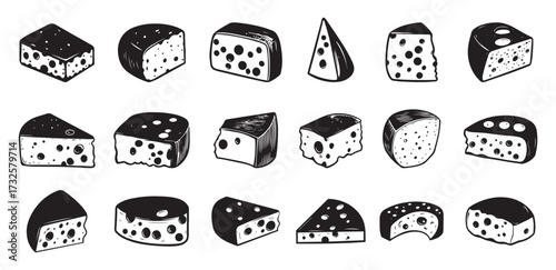 Cheese Vector Set – Hand-Drawn and Solid Cheese Icons. Vector Cheese Illustration Pack, Dairy Food Icon Collection.
