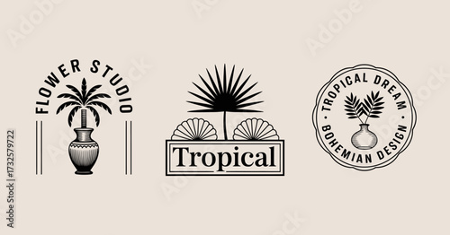This logo features stylish designs with tropical elements like palm trees to represent creativity and modern elegance, fitting perfectly for branding a flower studio.