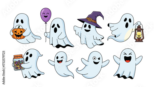 Playful Halloween Ghosts: A delightful collection of cartoon ghosts, each with unique expressions and props, ready to bring a touch of spooky cheer to your Halloween projects.