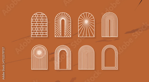This image showcases a series of minimalist arched window designs, each featuring unique patterns and lines that merge form and aesthetics, perfect for architectural inspirations.