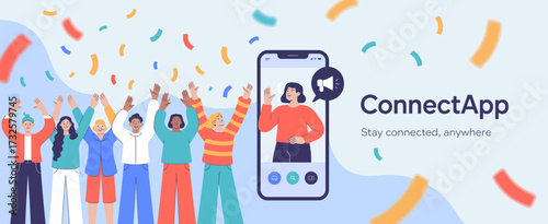 A lively group of friends embracing their connection while using ConnectApp, embodying a festive spirit and joy amidst colorful confetti in a modern social environment.