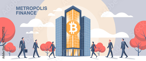 An impressive image of Metropolis Finance building teeming with individuals, illustrating the vibrant world of cryptocurrency investment framed by modern city landmarks.