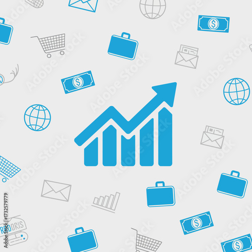 This image features a vibrant upward trend graph with money symbols and business icons illustrating growth, finance, and online shopping concepts effectively.