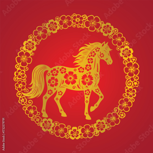 A golden floral horse prances within a floral wreath against a vibrant red backdrop, Chinese New Year Festival Traditional design.