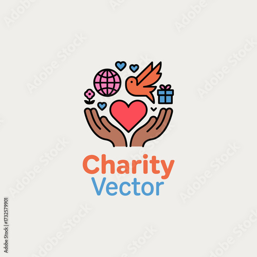 An artistic representation of hands cradling a heart surrounded by nature and global symbols, conveying messages of charity, love, and interconnectedness effectively.