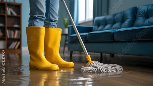 Person in Yellow Boots Mops Flooded Living Room Floor
