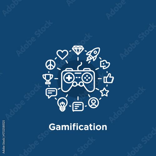 An artistic representation of a game controller, surrounded by diverse symbols that represent the principles of gamification, focusing on interaction, play, and achievement in context.
