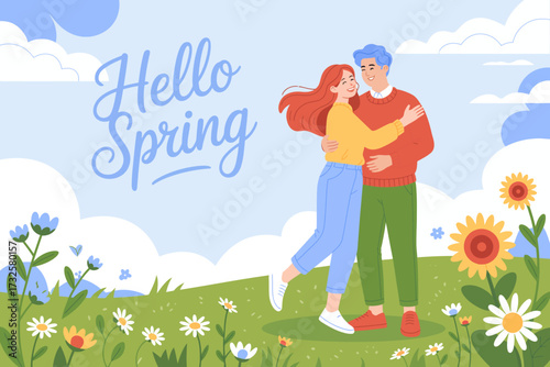An embracing couple in a spring setting surrounded by diverse flowers, embodying themes of love, happiness, and renewal in a picturesque natural environment.