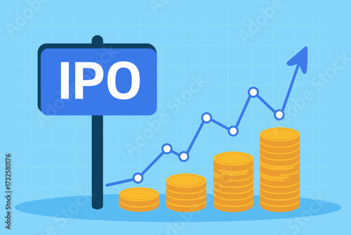 This trendy image presents an IPO sign next to an ascending growth graph and stacks of coins, illustrating financial growth, investment strategies, and market potentials in a modern design.