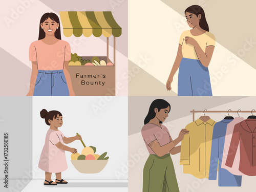 This vibrant scene shows diverse women joyfully engaging in a farmer's market, promoting healthy eating through fresh fruits, vegetables, and community spirit.