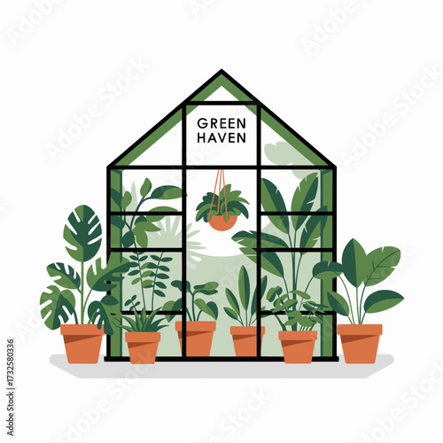 The 'Green Haven' greenhouse features diverse plants in terracotta pots, creating a vibrant indoor garden that promotes health and wellbeing in a modern design.