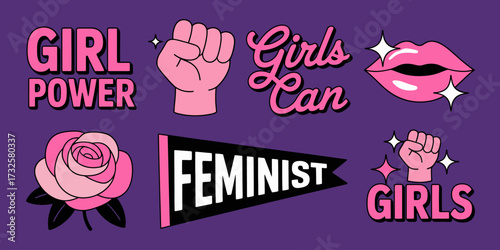 This colorful collection illustrates empowering phrases and symbols for women, showcasing feminism through energetic designs focused on girl power and community support.