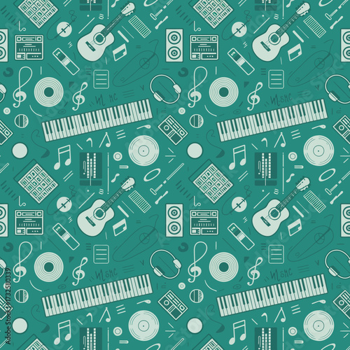 This image features a detailed pattern of musical equipment, notes, and instruments, perfect for designs related to music, creativity, and artistic expression.